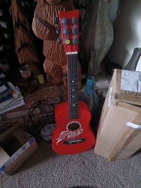 Red Mini Acoustic Guitar with Silver Flame Decal